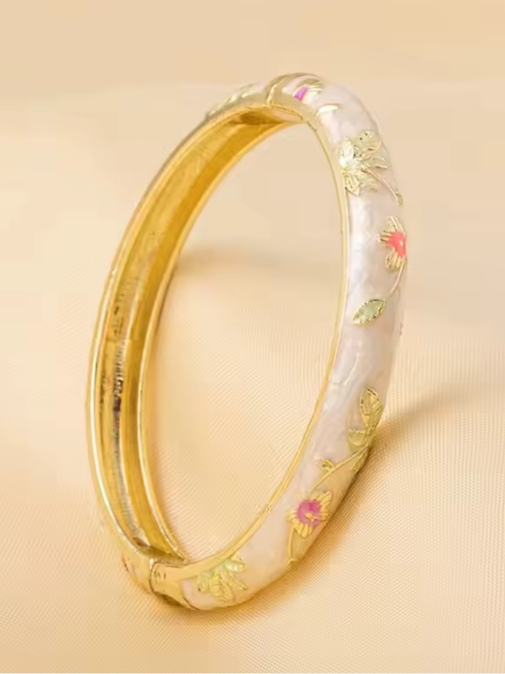 Gold-Tone White Enamel Floral Bangle Bracelet